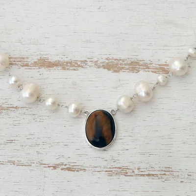 Cultured pearl and tiger's eye pendant necklace, 'Honey in the Clouds' - White Cultured Pearl and Tiger's Eye Necklace from Brazil