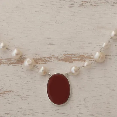 Cultured pearl and carnelian pendant necklace, 'Fire in the Clouds' - White Cultured Pearl and Carnelian Necklace from Brazil
