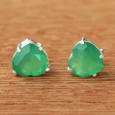 Chrysoprase stud earrings, 'Heart of Light' - Brazil Heart-Shaped Green Chrysoprase Stud Earrings
