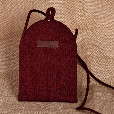 Cotton rope cell phone shoulder bag, 'Call in Wine' - Handmade Wine Burgundy Cotton Blend Cell Phone Shoulder Bag