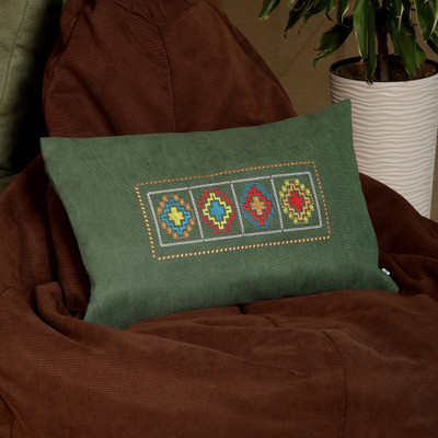 Embroidered cushion cover, 'Green Passage' - Folk Art Dark Green Cushion Cover with Embroidered Details