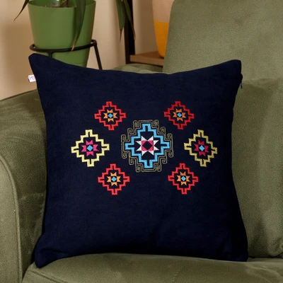 Embroidered cushion cover, 'Armenian Sky in Navy' - Armenian Star Embroidered Acrylic Cushion Cover in Navy