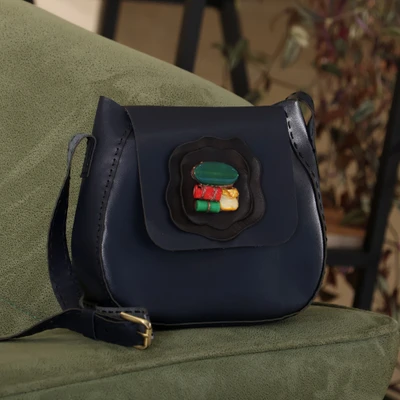 Leather and agate sling bag, 'Midnight Horizon' - Handmade 100% Leather and Agate Sling Bag in a Navy Hue