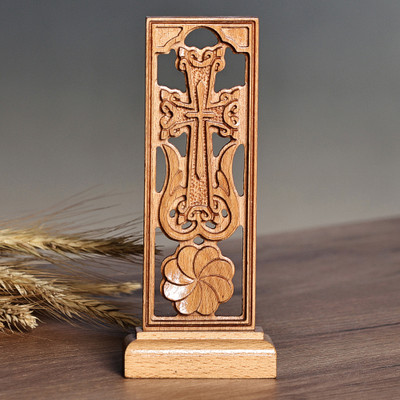 Wood cross sculpture, 'Portrait of Divinity' - Hand-Carved Floral Beech Wood Cross Sculpture from Armenia