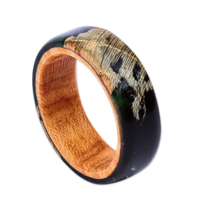 Hand-Carved Dark-Toned Apricot Wood and Resin Band Ring - Chic Darkness ...