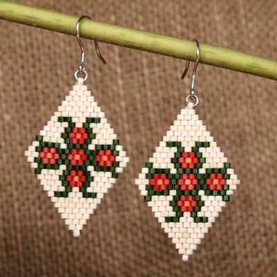 Glass beaded dangle earrings, 'Queen Petals' - Floral Glass Beaded Dangle Earrings in Ivory and Red Hues