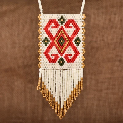 Glass beaded pendant necklace, 'Noble Fire' - Artisan-Made Red and Ivory Glass Beaded Pendant Necklace