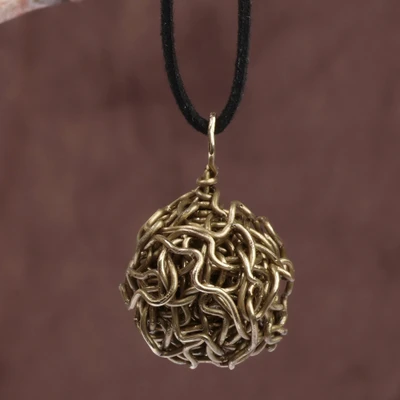 Brass pendant necklace, 'Deconstructed Spirals' - Modern Handcrafted Brass Pendant Necklace with Black Cord