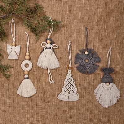 Cotton macrame ornaments, 'Grey Wonderland' (set of 6) - Set of 6 Christmas-Inspired Grey Cotton Macrame Ornaments
