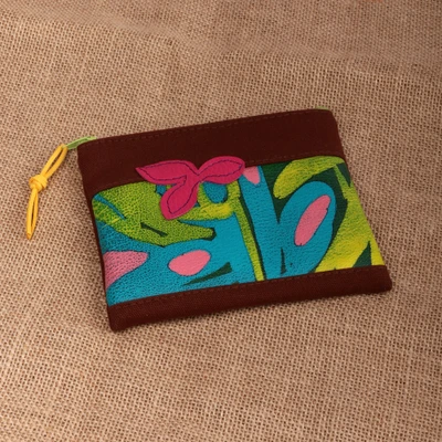 Leather-accented cotton cosmetic bag, 'Chocolate Season' - Chocolate Brown Cotton Cosmetic Bag with Leather Accents