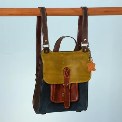 Leather backpack, 'Intellectual Essence' - Classic Adjustable Green and Navy 100% Leather Backpack