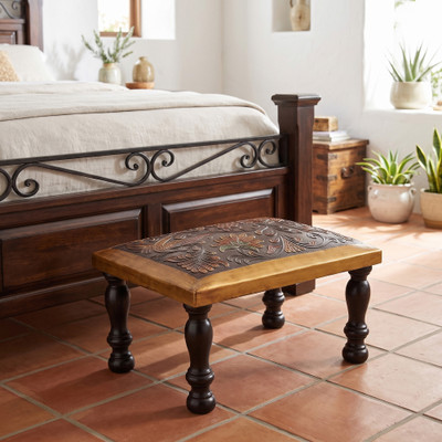 Leather and wood ottoman, 'World of Birds' - Bird-Themed Leather and Wood Ottoman from Peru