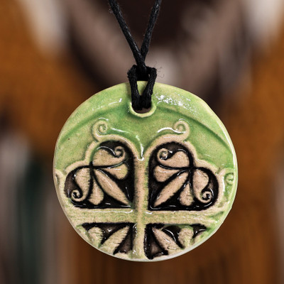 Ceramic pendant necklace, 'Vital Blossom' - Hand-Painted Classic Leafy Green Ceramic Pendant Necklace