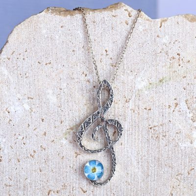 Natural flower and sterling silver pendant necklace, 'Music & Memories' - Treble Clef-Shaped Blue Natural Flower Pendant Necklace