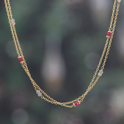 Gold-plated gemstone double strand necklace, 'Wheel of Fortune' - 22k Gold-Plated Quartz and Labradorite Station Necklace