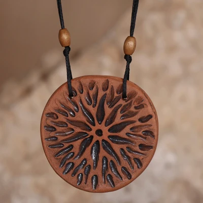 Ceramic pendant necklace, 'Radiant Universe' - Star-Themed Ceramic Pendant Necklace in Black and Brown Hues