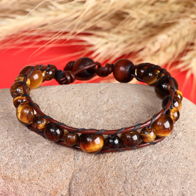 Men's Leather and Natural Tiger's Eye Beaded Bracelet, 'Courage Lord'