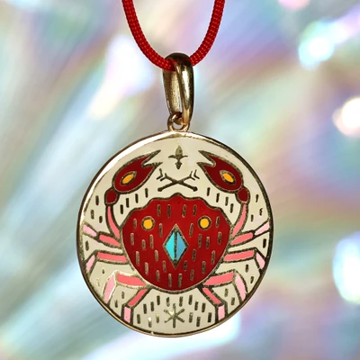 Gold-plated enamel pendant necklace, 'The Cancer Emblem' - Painted 18k Gold-Plated Cancer Enamel Pendant Necklace