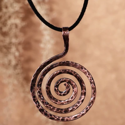 Copper pendant necklace, 'Cyclical Hypnosis' - Antiqued Hammered Round Copper Pendant Necklace