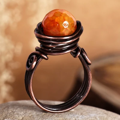 Citrine single stone ring, 'Radiant Core' - Antiqued Copper and Natural Citrine Single Stone Ring