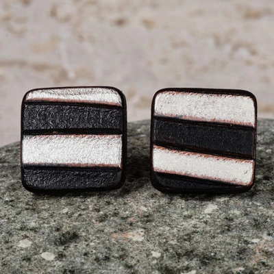Leather button earrings, 'Square Silver' - Avant-Garde Striped Black and Silver Leather Button Earrings