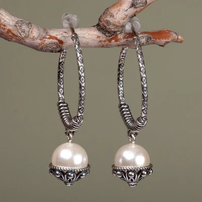 Cultured pearl half-hoop earrings, 'Lunar Ocean' - Oxidized Classic Sterling Silver and Pearl Dangle Earrings