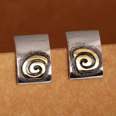 Sterling silver and brass button earrings, 'Sun Hypnosis' - Sterling Silver Button Earrings with Brass Spiral Details