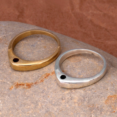 Sterling silver and brass band rings, 'Pyramid Duo' (set of 2) - Polished 2-Piece Sterling Silver and Brass Band Ring Set