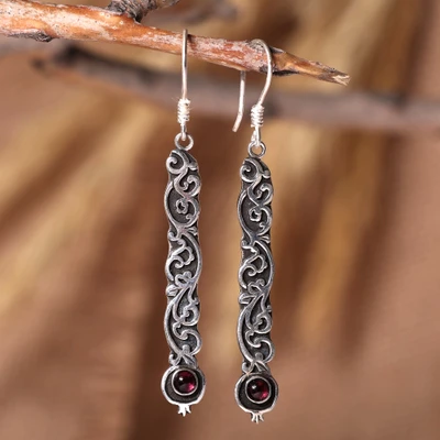 Garnet dangle earrings, 'Armenian Elegance' - Vine-Themed Silver Dangle Earrings with Garnet Gemstones