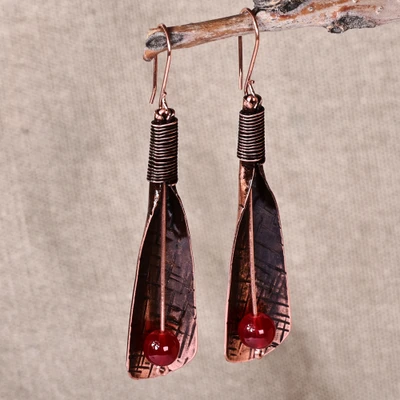 Carnelian dangle earrings, 'Sacred Fieriness' - Antique-Finished Copper Natural Carnelian Dangle Earrings