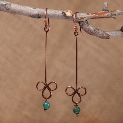 Agate dangle earrings, 'Ribbons of Luck' - Artisan-Made Natural Green Agate and Copper Dangle Earrings