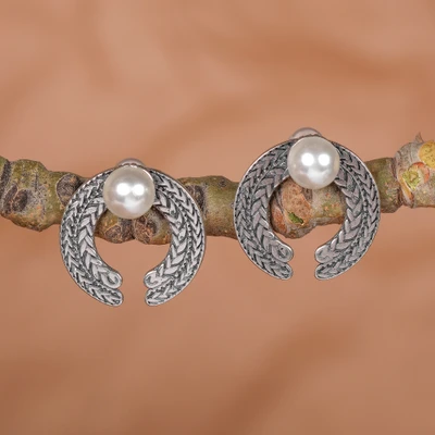 Cultured pearl button earrings, 'Pure Beauty' - Cream Cultured Pearl and Sterling Silver Button Earrings