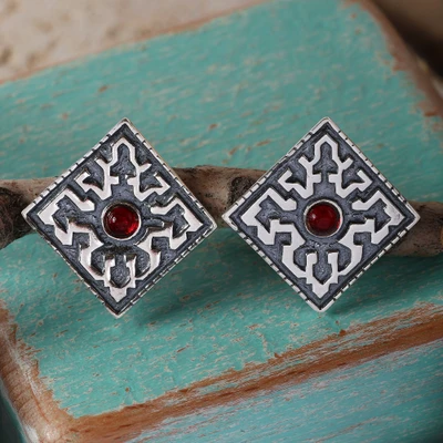 Crystal and sterling silver button earrings, 'Kingdom Jewel' - Diamond-Shaped Crystal and Sterling Silver Button Earrings