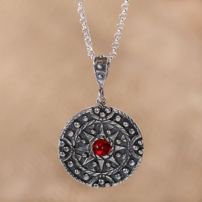 Crystal and sterling silver pendant necklace, 'Solar Stone' - Antiqued Crystal and Sterling Silver Sun Pendant Necklace