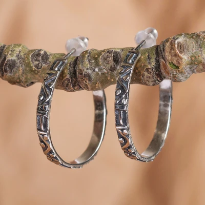 Sterling silver half-hoop earrings, 'Ancient Essence' - Traditional Armenian Sterling Silver Half-Hoop Earrings