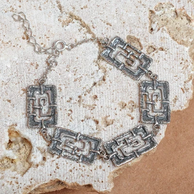 Sterling silver link bracelet, 'Gates of Harmony' - Semi-Abstract Geometric-Themed Sterling Silver Link Bracelet