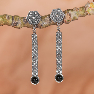 Onyx dangle earrings, 'Midnight Altar' - Traditional Natural Onyx and Sterling Silver Dangle Earrings