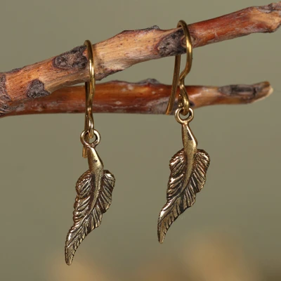 Brass dangle earrings, 'Tribute of Freedom' - Folk Art-Inspired Antiqued Brass Feather Dangle Earrings