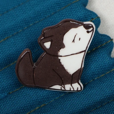 Ceramic brooch pin, 'Adorable Howl' - Wolf-Themed Lacquered Ceramic Brooch Pin Made in Armenia