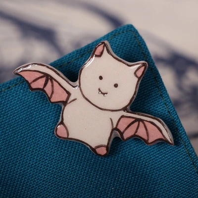 Ceramic brooch pin, 'Spooky Friendship' - Spooky Bat-Themed Lacquered Ceramic Brooch Pin from Armenia