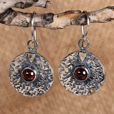 Garnet dangle earrings, 'Cycle of Passion' - Oxidized Round Sterling Silver Garnet Dangle Earrings