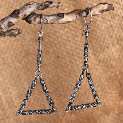 Sterling silver dangle earrings, 'Classic Trinity' - Classic Oxidized Geometric Sterling Silver Dangle Earrings
