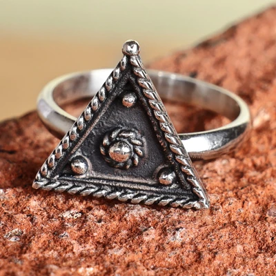 Sterling silver cocktail ring, 'Three Sides' - Geometric Oxidized Sterling Silver Cocktail Ring