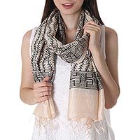 Silk shawl, 'Climbing Vines' - Black and Ecru Hand Stamped Block Print Silk Shawl