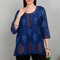 Chanderi cotton and silk blend tunic, 'Leafy Royal' - Leafy Block-Print Blue Chanderi Cotton and Silk Blend Tunic