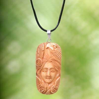 Bone pendant necklace, 'Lady of the Woods' - Carved Bone Pendant Necklace with Eagle Made in Indonesia