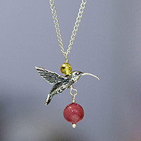 Rhodochrosite and amber flower necklace, 'Hummingbird Treasure' - Rhodochrosite and Amber Sterling Silver Bird Necklace