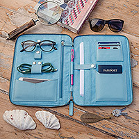 Leather travel folio, 'Ultimate Organization in Sky Blue' - Grey Leather Travel Office Folio