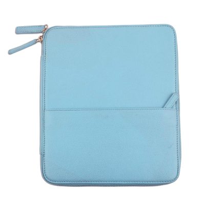Leather travel folio, 'Ultimate Organization in Sky Blue' - Grey Leather Travel Office Folio