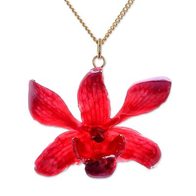 Gold accented natural orchid pendant necklace, 'Starry Flower' - Gold Accented Red-Purple Natural Orchid Pendant Necklace